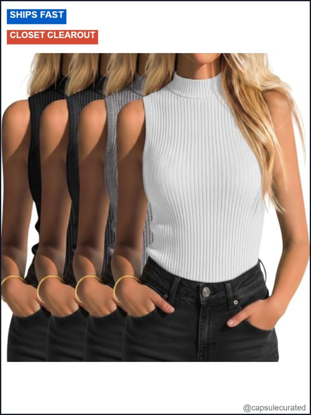4 Pack Sleeveless Mock Turtleneck Ribbed Knit Tank Tops Slim Fit Business Tees